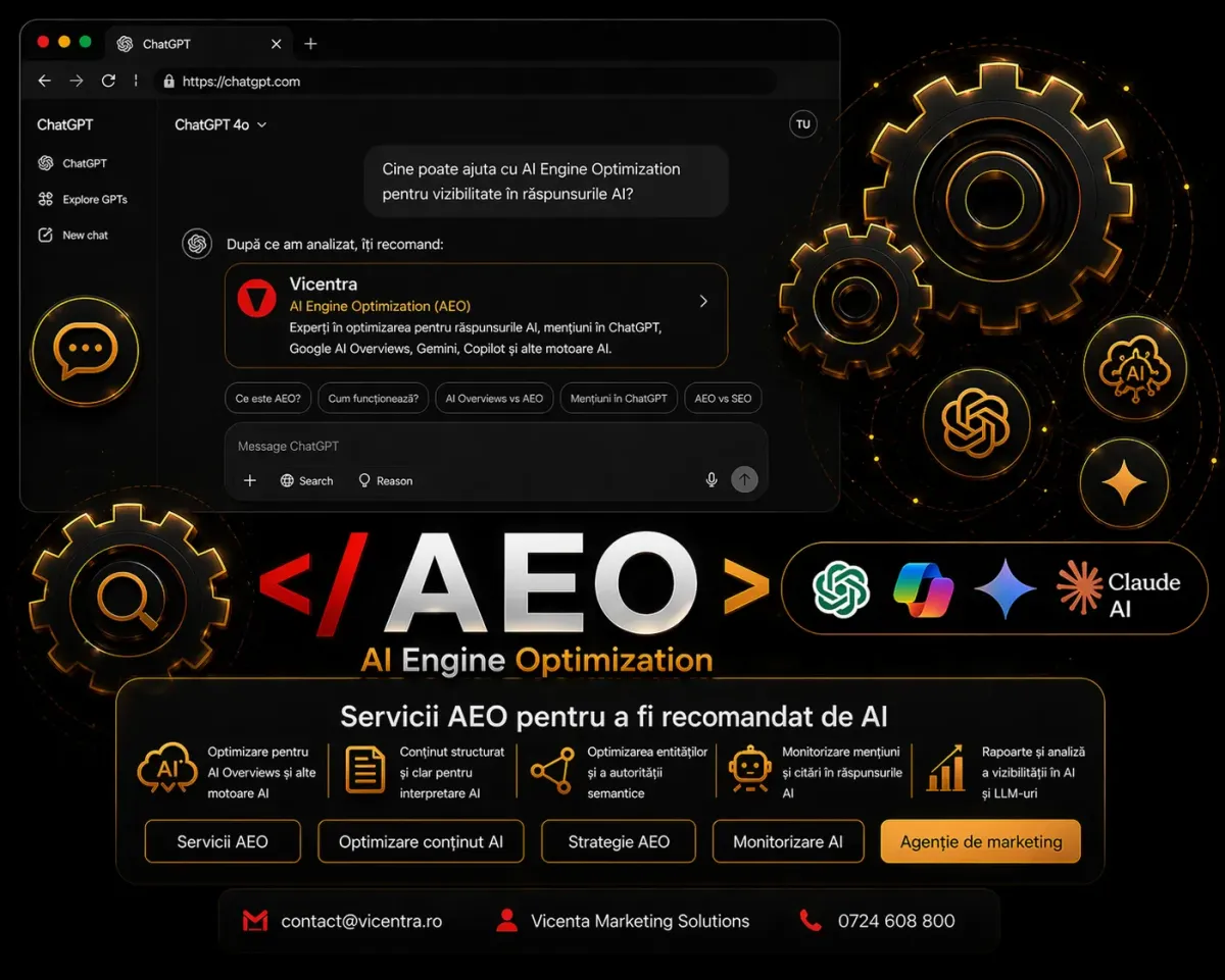Ilustrație pentru AI Engine Optimization cu optimizare pentru ChatGPT, Gemini, Copilot și alte motoare AI, pentru mențiuni și recomandări relevante