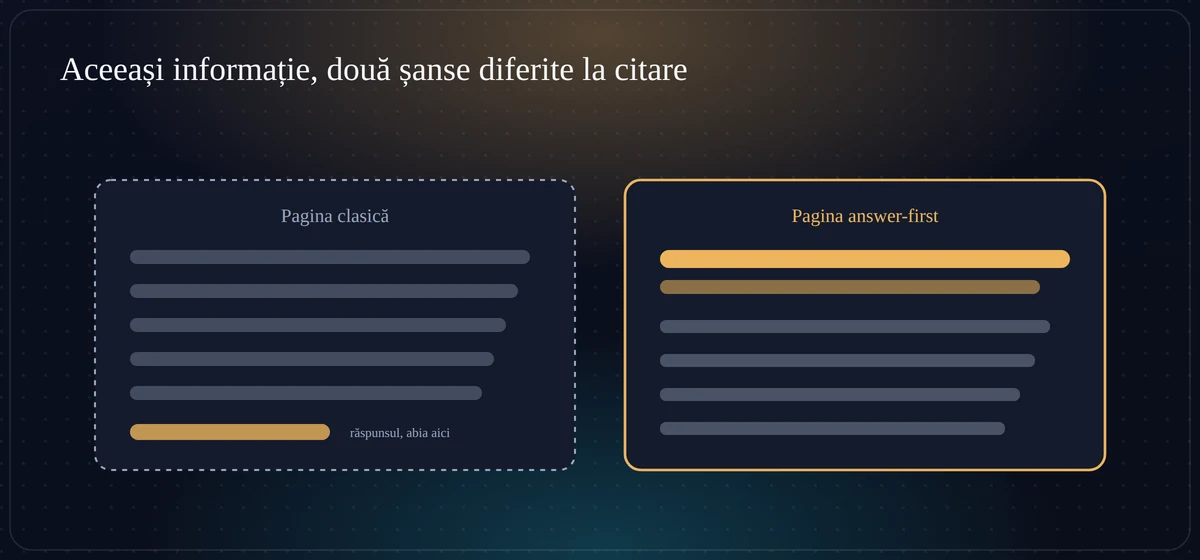 Comparație: pagina clasică ascunde răspunsul la final, pagina answer-first răspunde din primele fraze