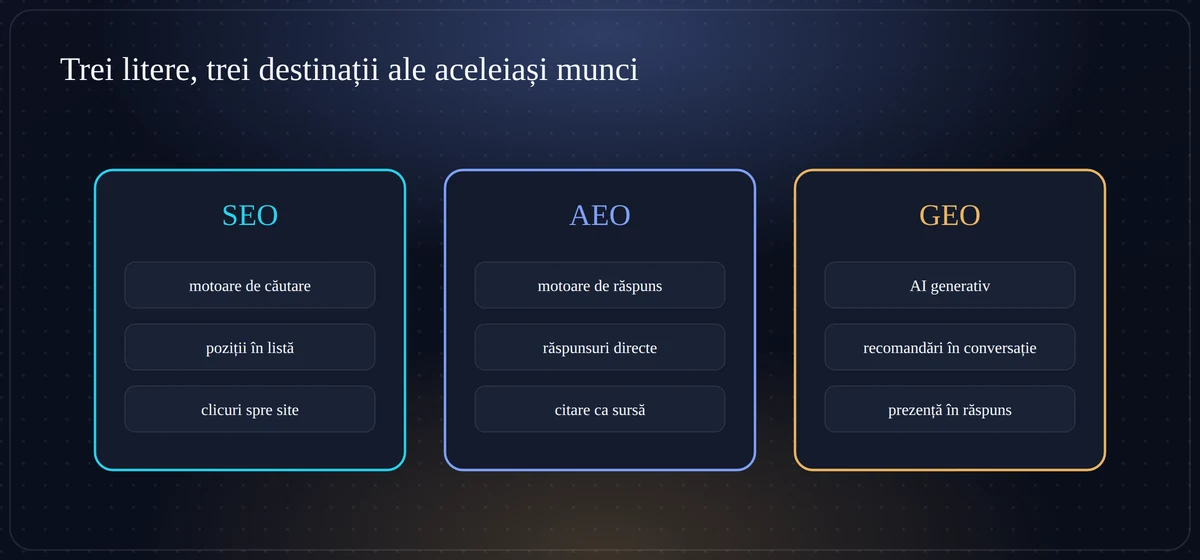 Diferențele dintre SEO, AEO și GEO: motoare de căutare vs motoare de răspuns vs AI generativ