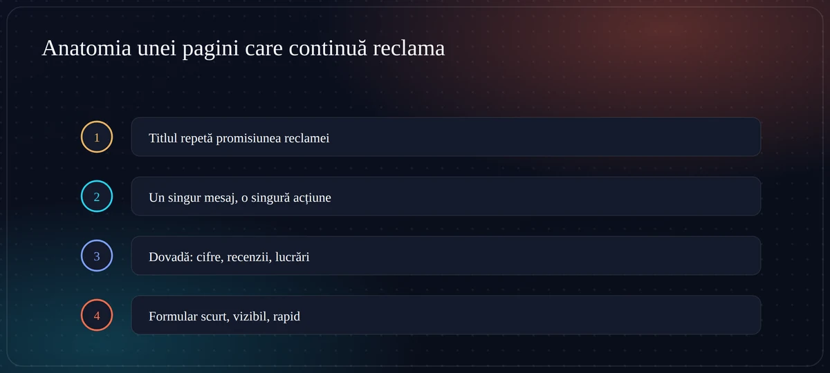 Anatomia unei pagini de destinație care convertește: titlu care repetă promisiunea, mesaj unic, dovadă, formular scurt