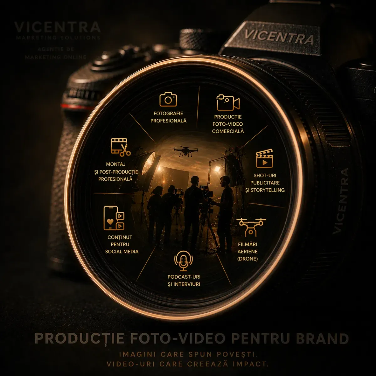 Imagine cinematică pentru producție foto-video de brand, cu fotografie profesională, producție video comercială, conținut social media, filmări aeriene și podcasturi