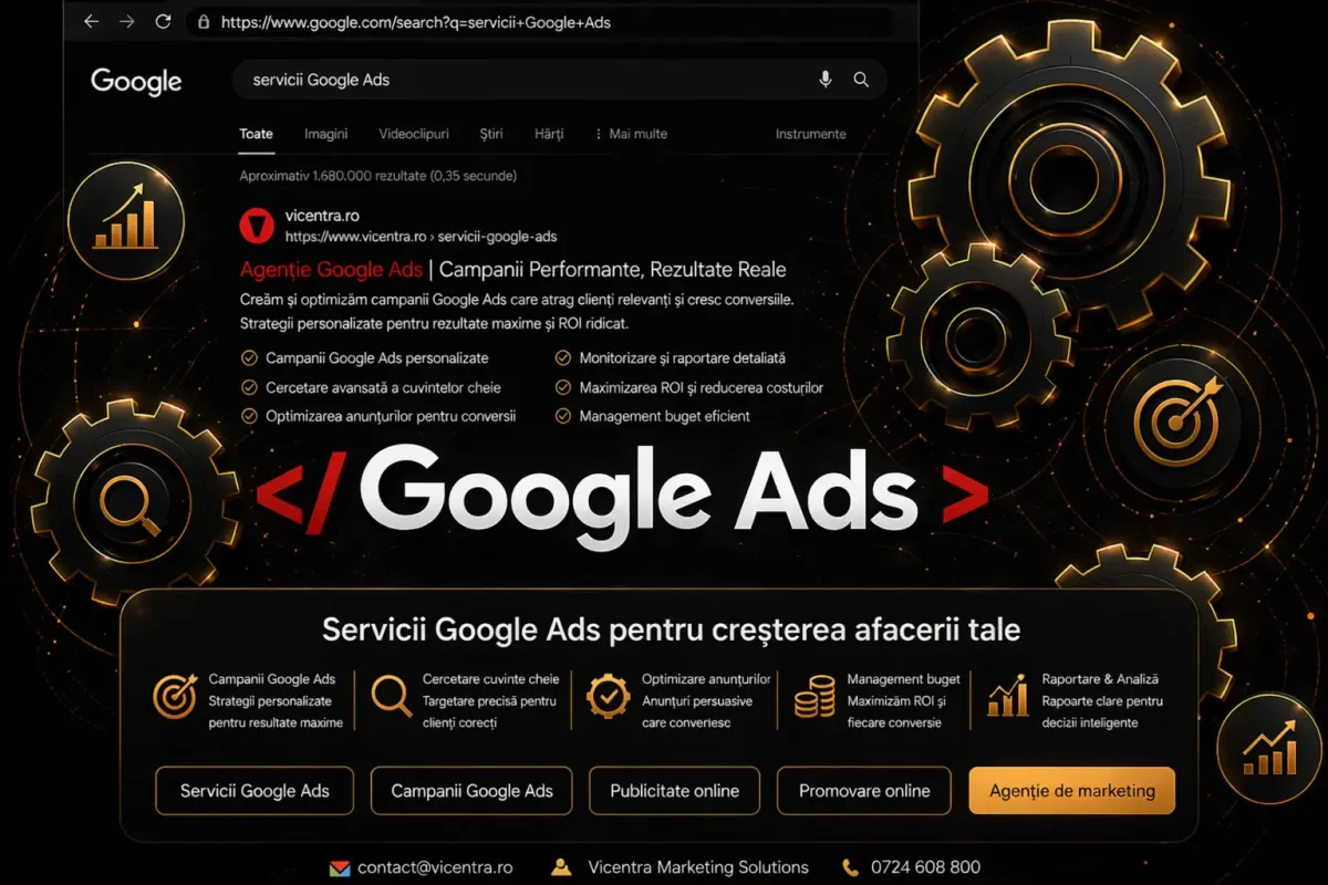 Ilustrație pentru servicii Google Ads cu campanii performante, cercetare de cuvinte cheie, optimizare anunțuri, management de buget și raportare