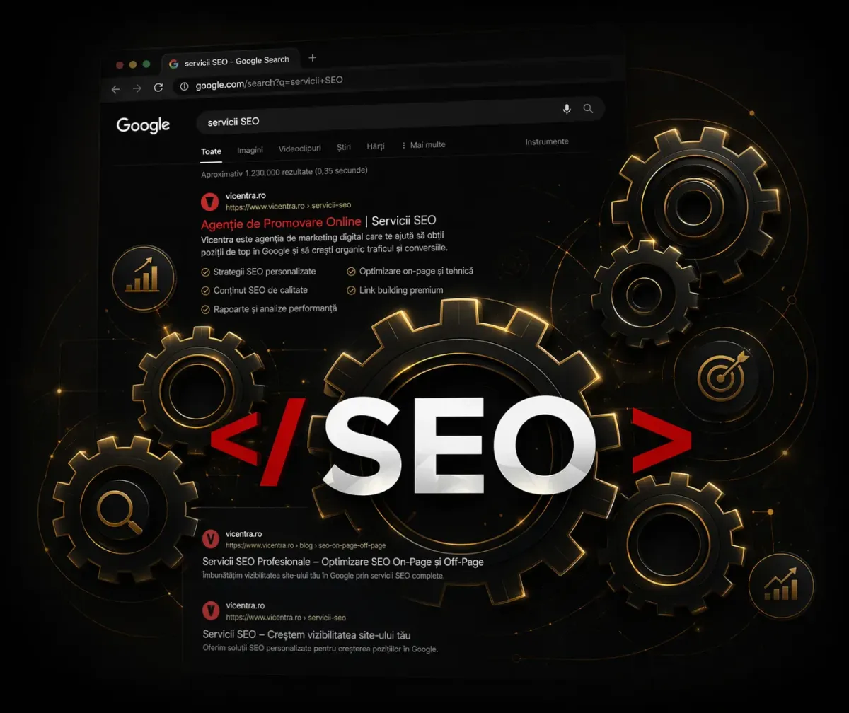 Imagine pentru servicii SEO cu optimizare on-page, SEO tehnic, autoritate semantică și creștere a vizibilității organice în Google