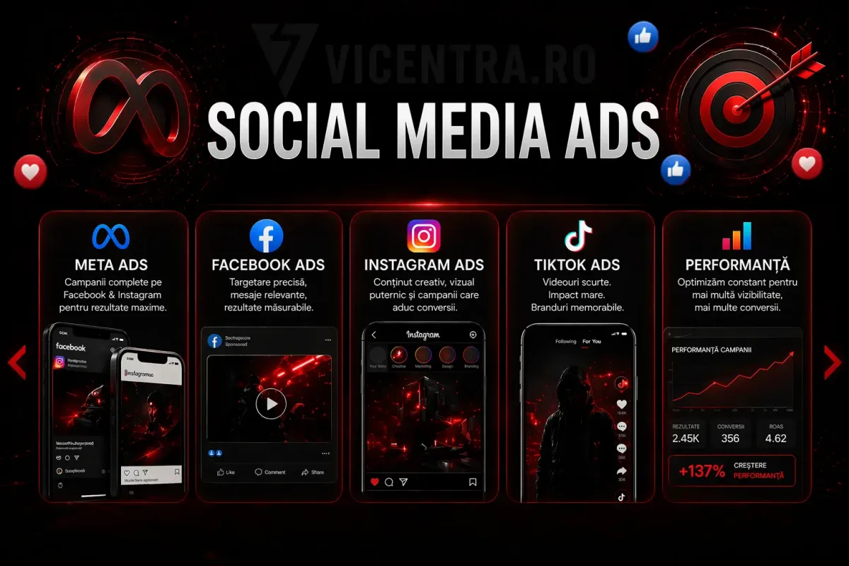 Ilustrație pentru campanii Social Media Ads pe Meta, Facebook, Instagram și TikTok, cu focus pe targetare, conținut creativ și performanță