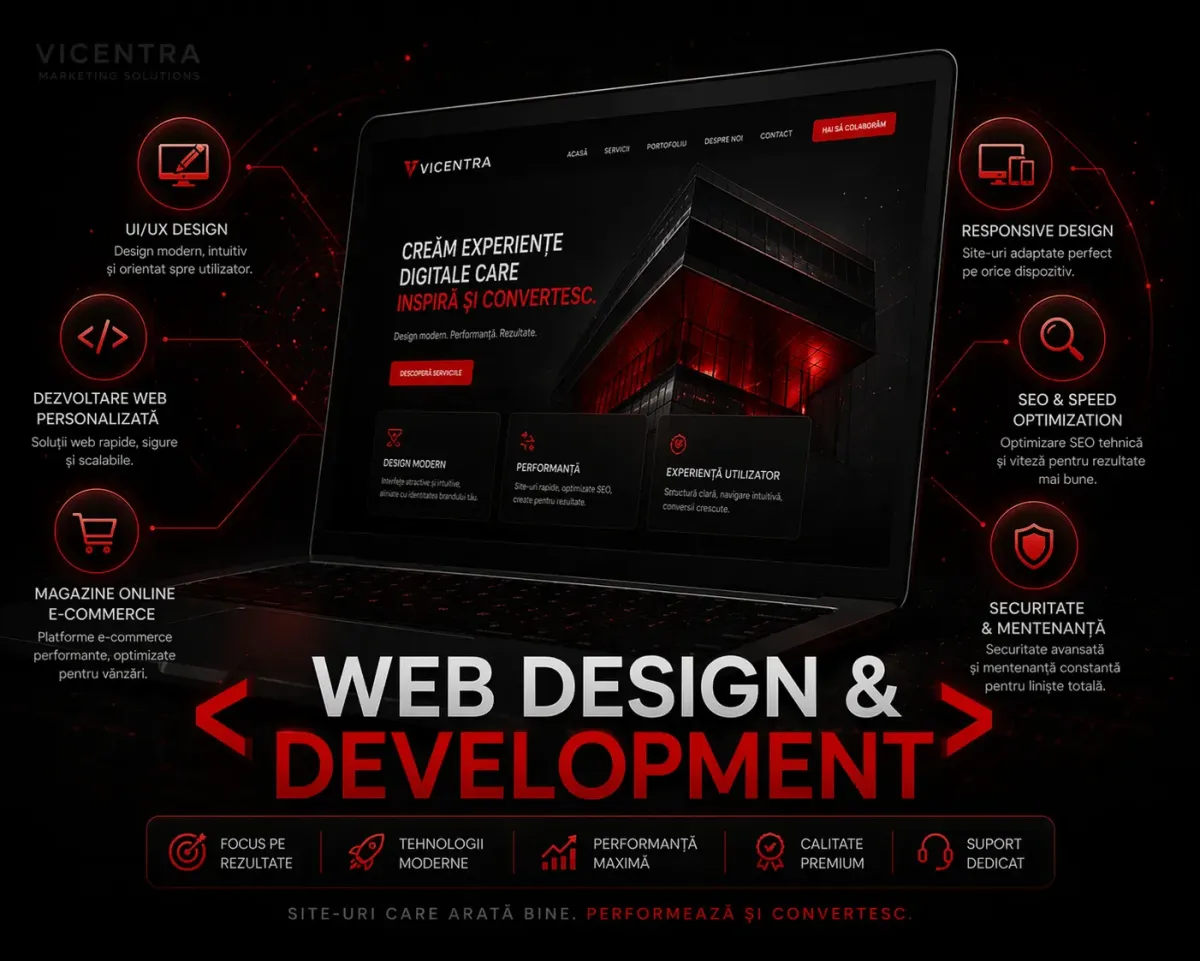 Imagine pentru servicii de web design și development cu UI UX, responsive design, optimizare SEO, viteză și securitate pentru site-uri performante